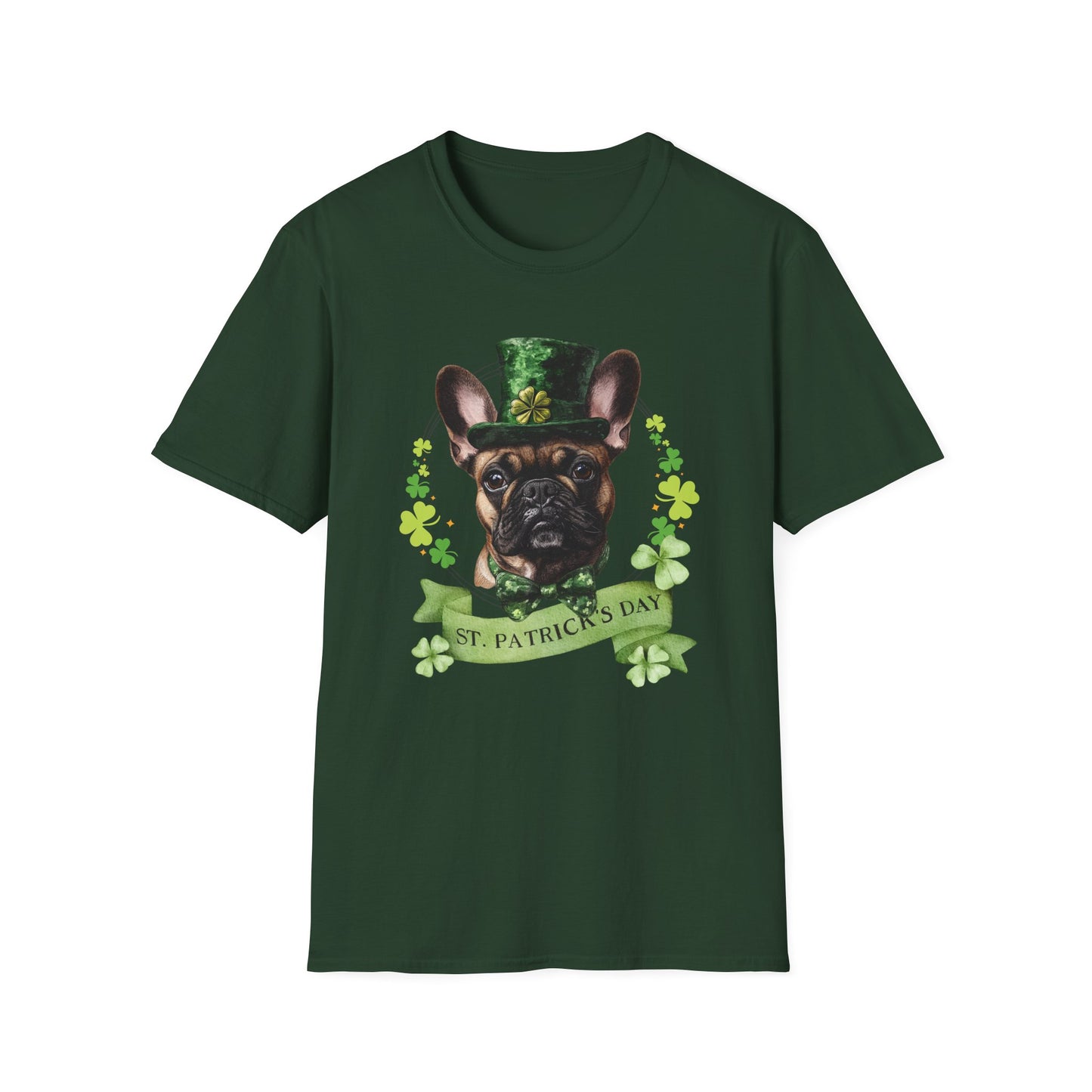 St. Patrick’s Day forest green t-shirt featuring a fawn french bulldog with a shamrock garland and festive Irish design