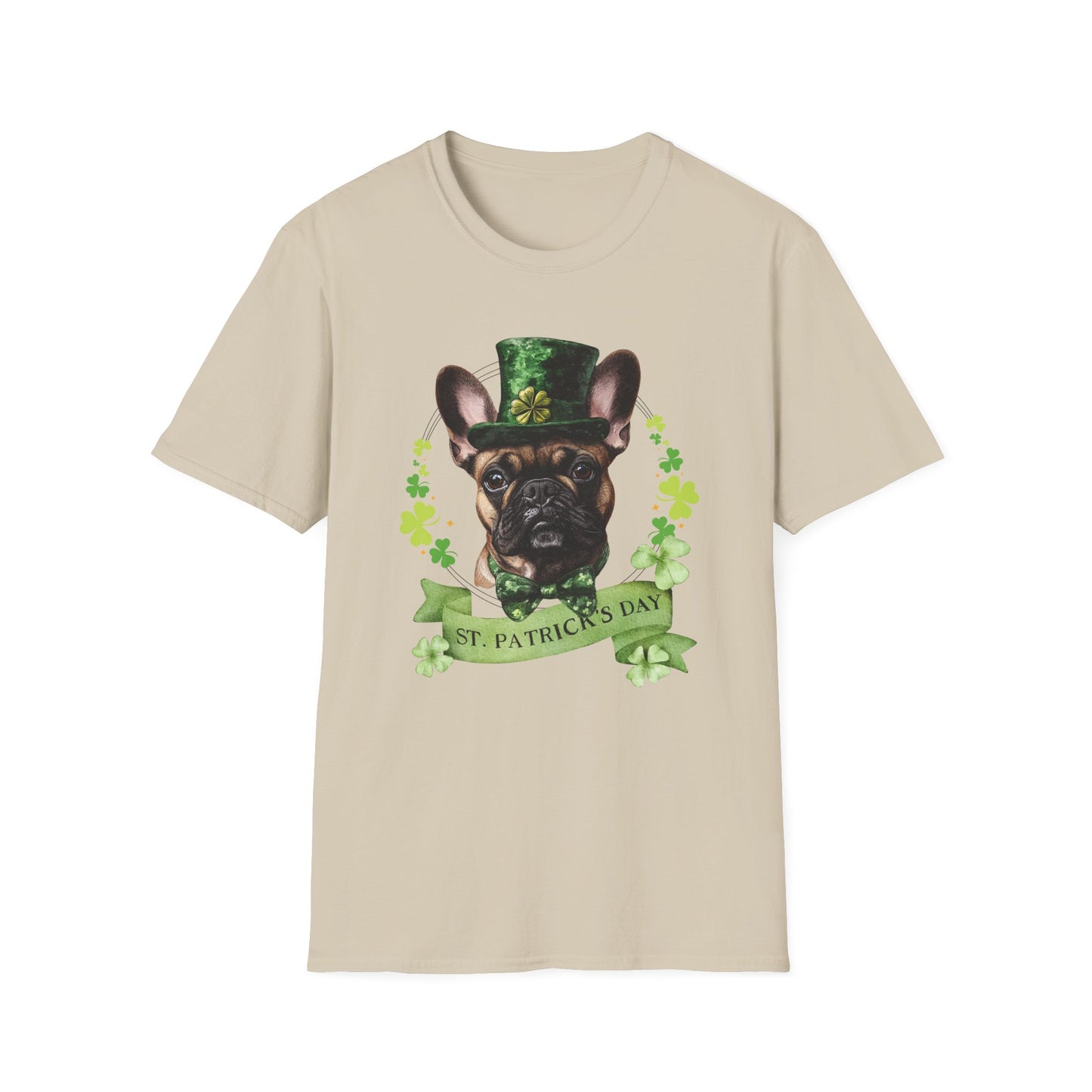 St. Patrick’s Day sand t-shirt featuring a fawn french bulldog with a shamrock garland and festive Irish design