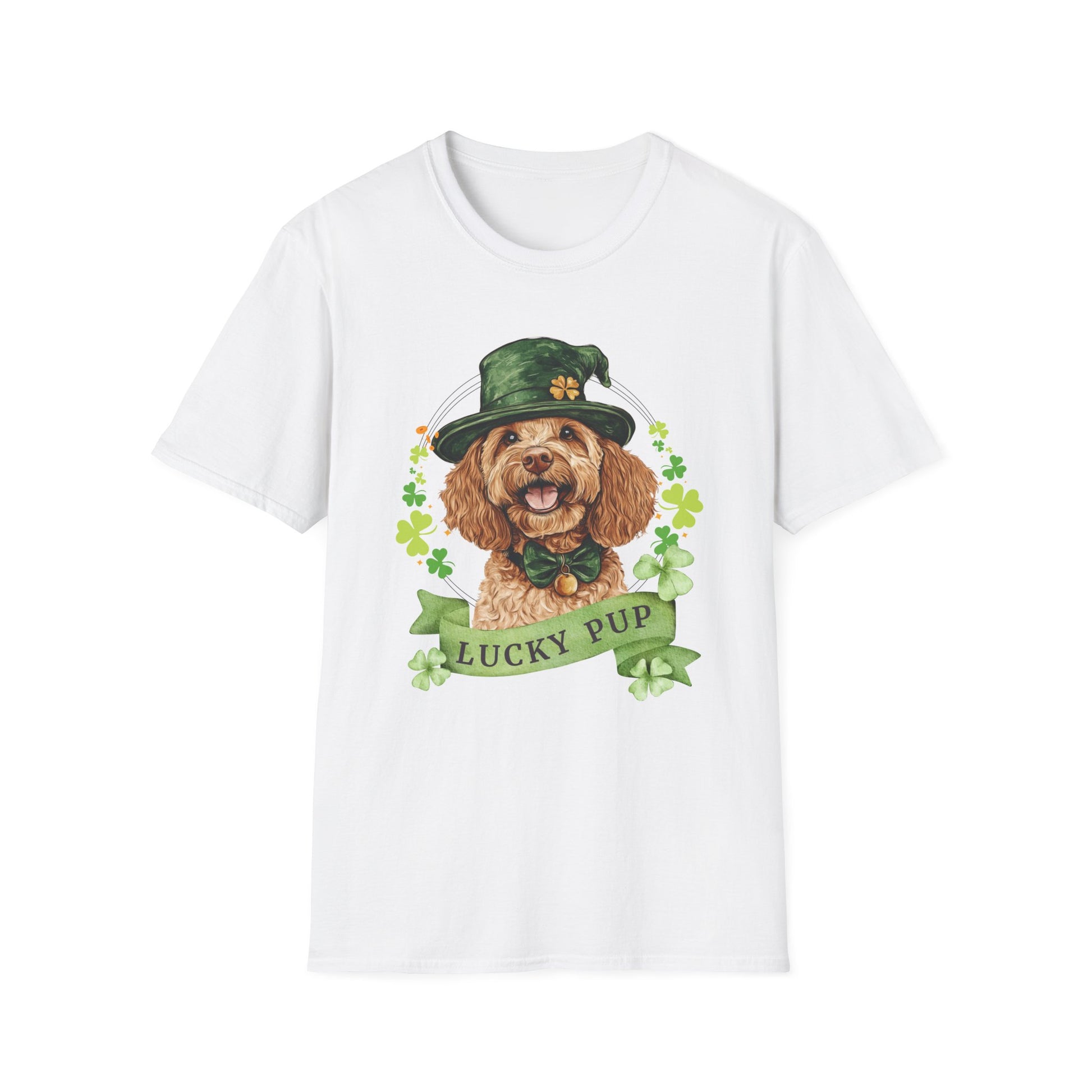 St. Patrick’s Day white t-shirt featuring a Cockapoo dog with a shamrock garland and festive Irish design