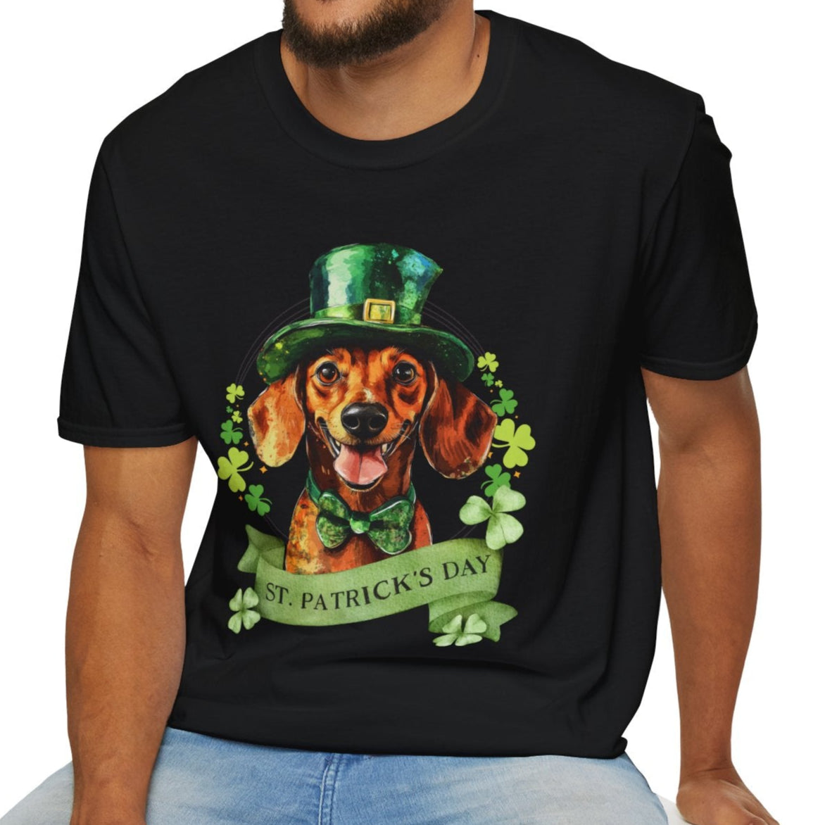 St. Patrick’s Day t-shirt featuring a Dachshund dog with a shamrock garland and festive Irish design