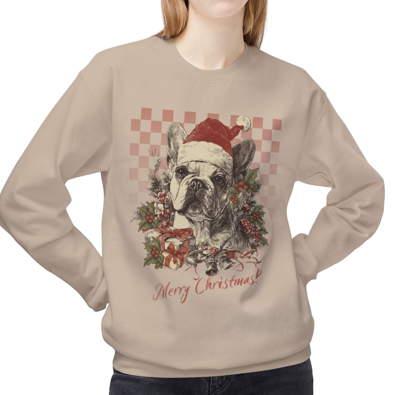 Frenchie Vintage Checkered Christmas Sweatshirt