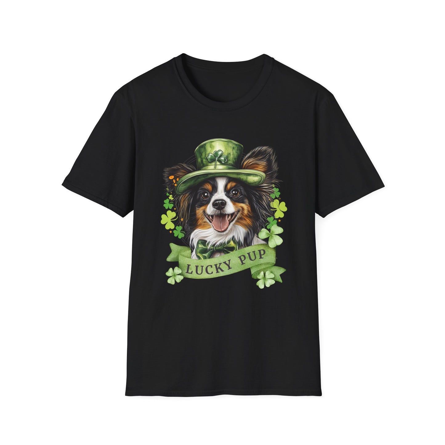 St. Patrick’s Day t-shirt featuring a Papillon dog with a shamrock garland and festive Irish design