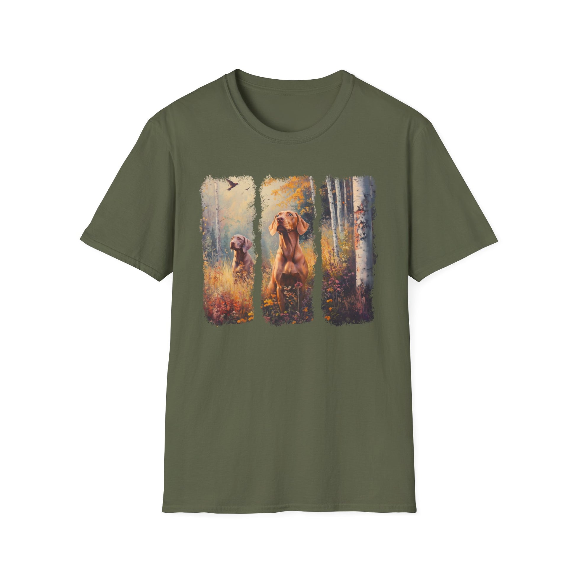 Vizsla hunting t-shirt featuring  sporting dogs in an autumn field