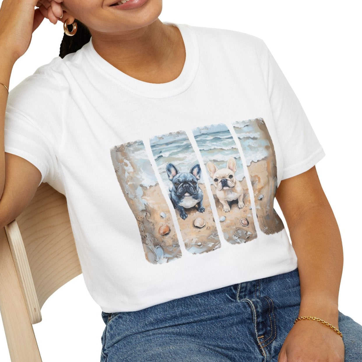 two french bulldogs on the beach art painting t-shirt