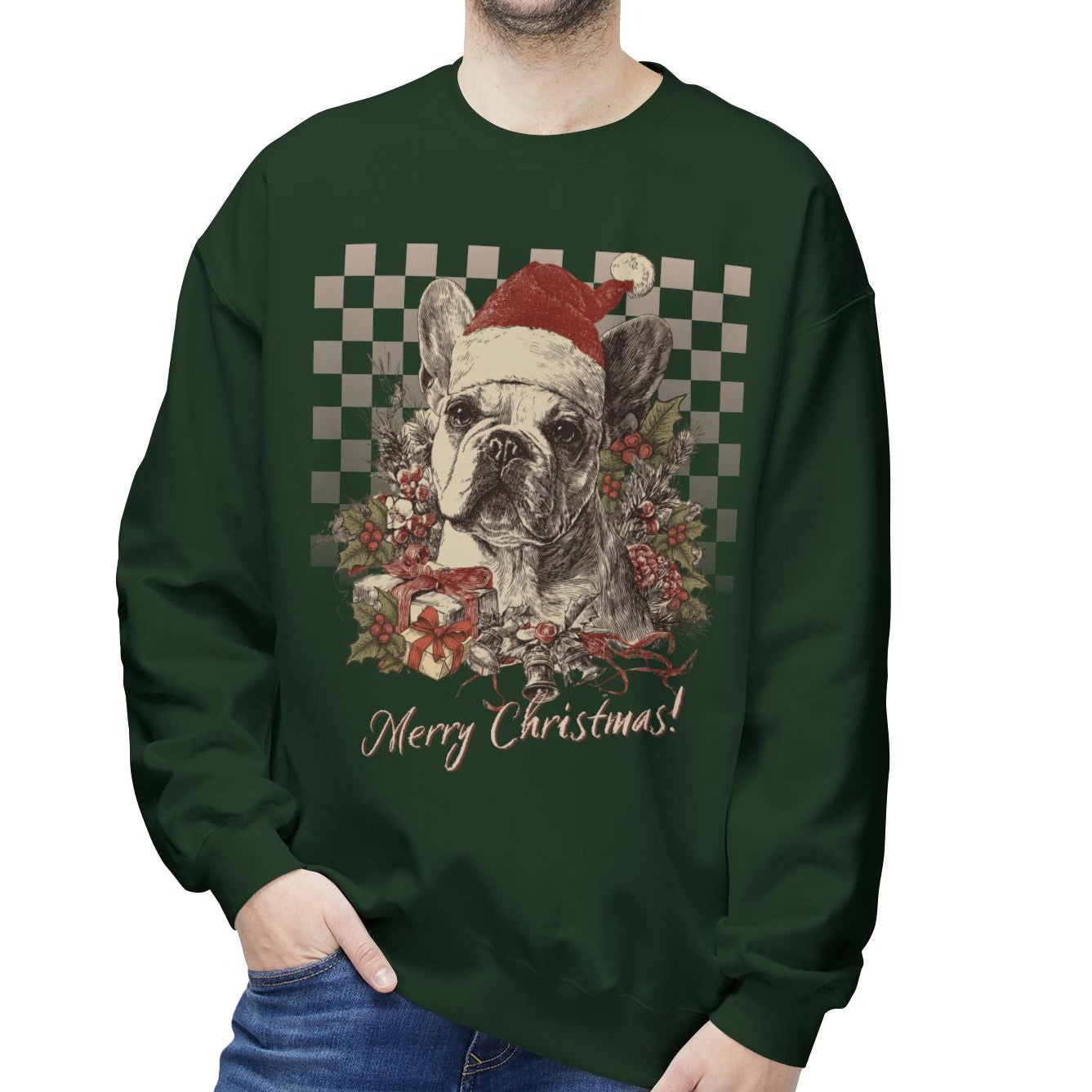 Frenchie Vintage Checkered Christmas Sweatshirt