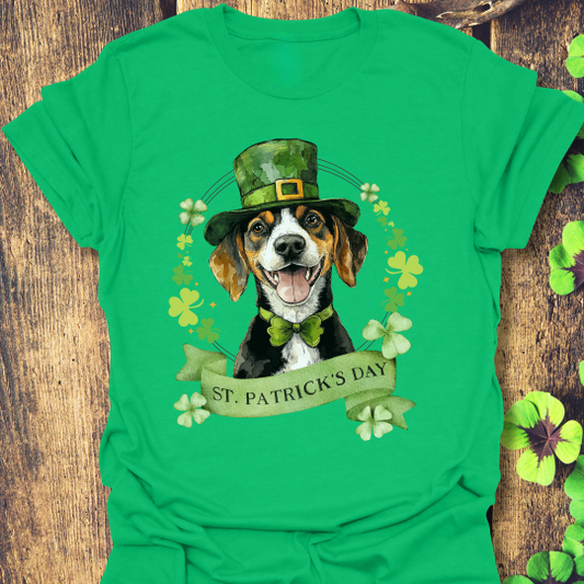St. Patrick’s Day t-shirt featuring a Beagle dog with a shamrock garland and festive Irish design