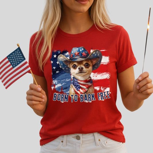 Chihuahua Patriotic T-Shirt "Born to Bark Free" - Dog-Themed Patriotic Design