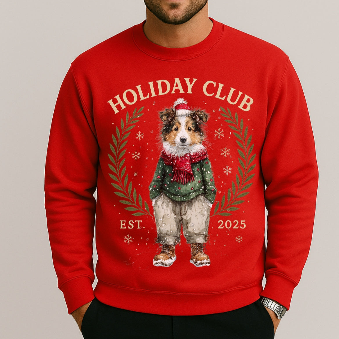 Red sweatshirt with a dog graphic and 'Holiday Club' text on a plain background