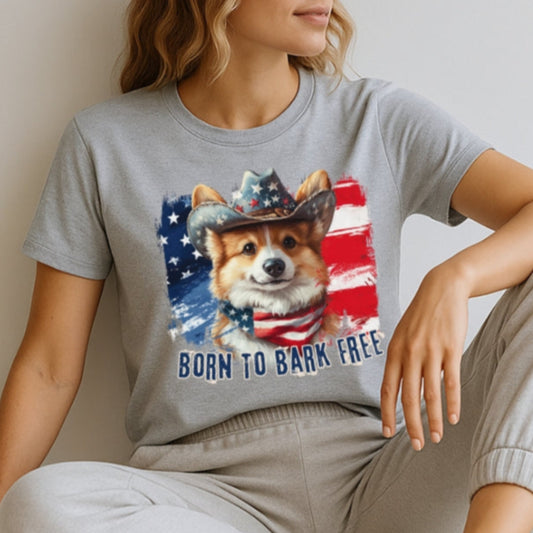 Corgi Patriotic T-Shirt "Born to Bark Free" - Dog-Themed Patriotic Design