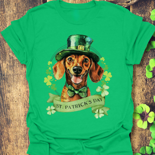 St. Patrick’s Day t-shirt featuring a Dachshund dog with a shamrock garland and festive Irish design