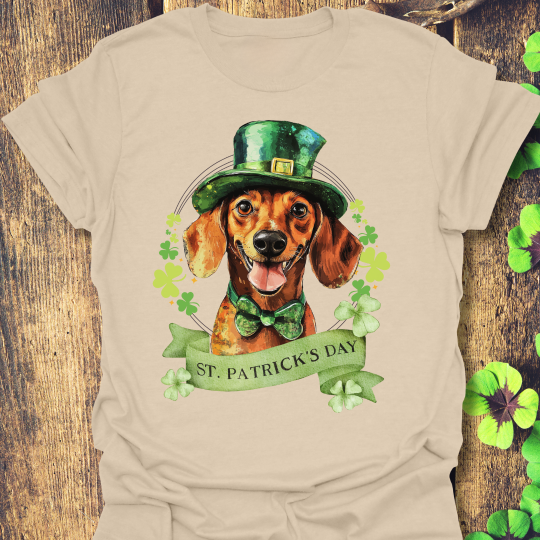 St. Patrick’s Day t-shirt featuring a Dachshund dog with a shamrock garland and festive Irish design