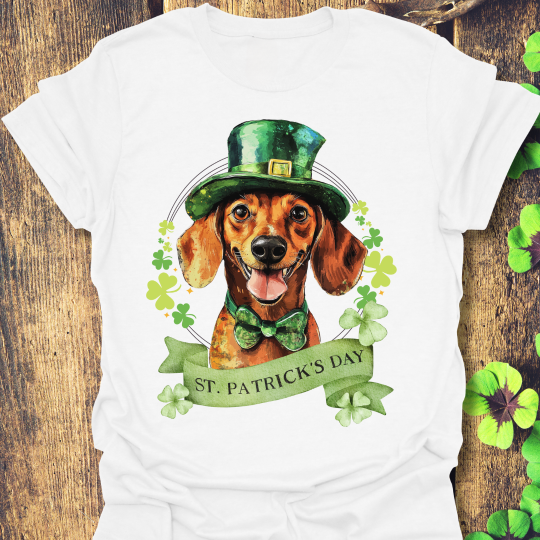 St. Patrick’s Day t-shirt featuring a Dachshund dog with a shamrock garland and festive Irish design