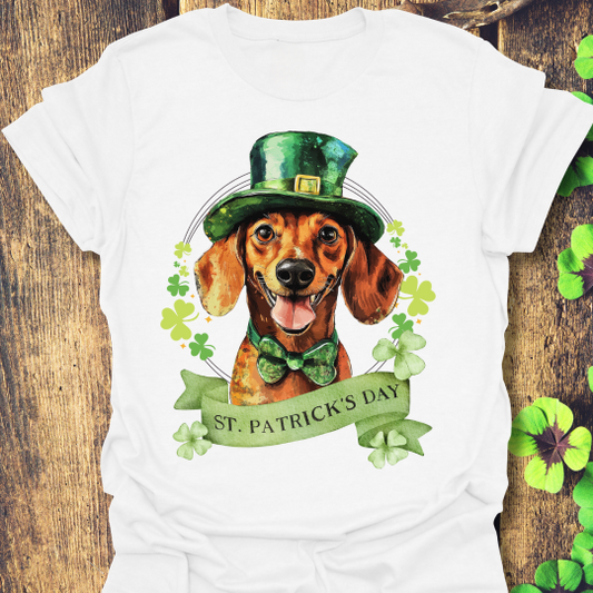 St. Patrick’s Day t-shirt featuring a Dachshund dog with a shamrock garland and festive Irish design