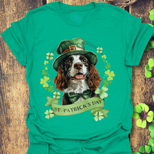 St. Patrick’s Day kelly green t-shirt featuring an English springer spaniel dog with a shamrock garland and festive Irish design