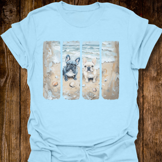 two french bulldogs on the beach art painting t-shirt light blue