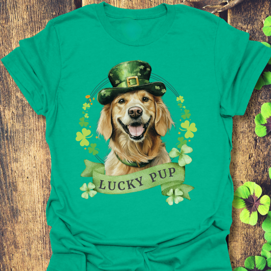 St. Patrick’s Day t-shirt featuring a golden retriever dog with a shamrock garland and festive Irish designan 