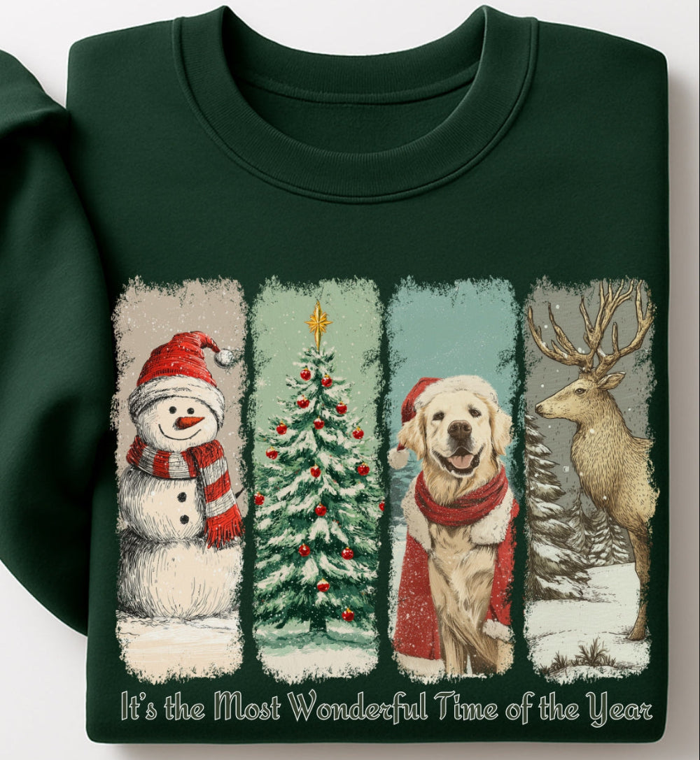 Dark green sweatshirt with Christmas-themed design featuring a snowman, tree, dog, and deer.
