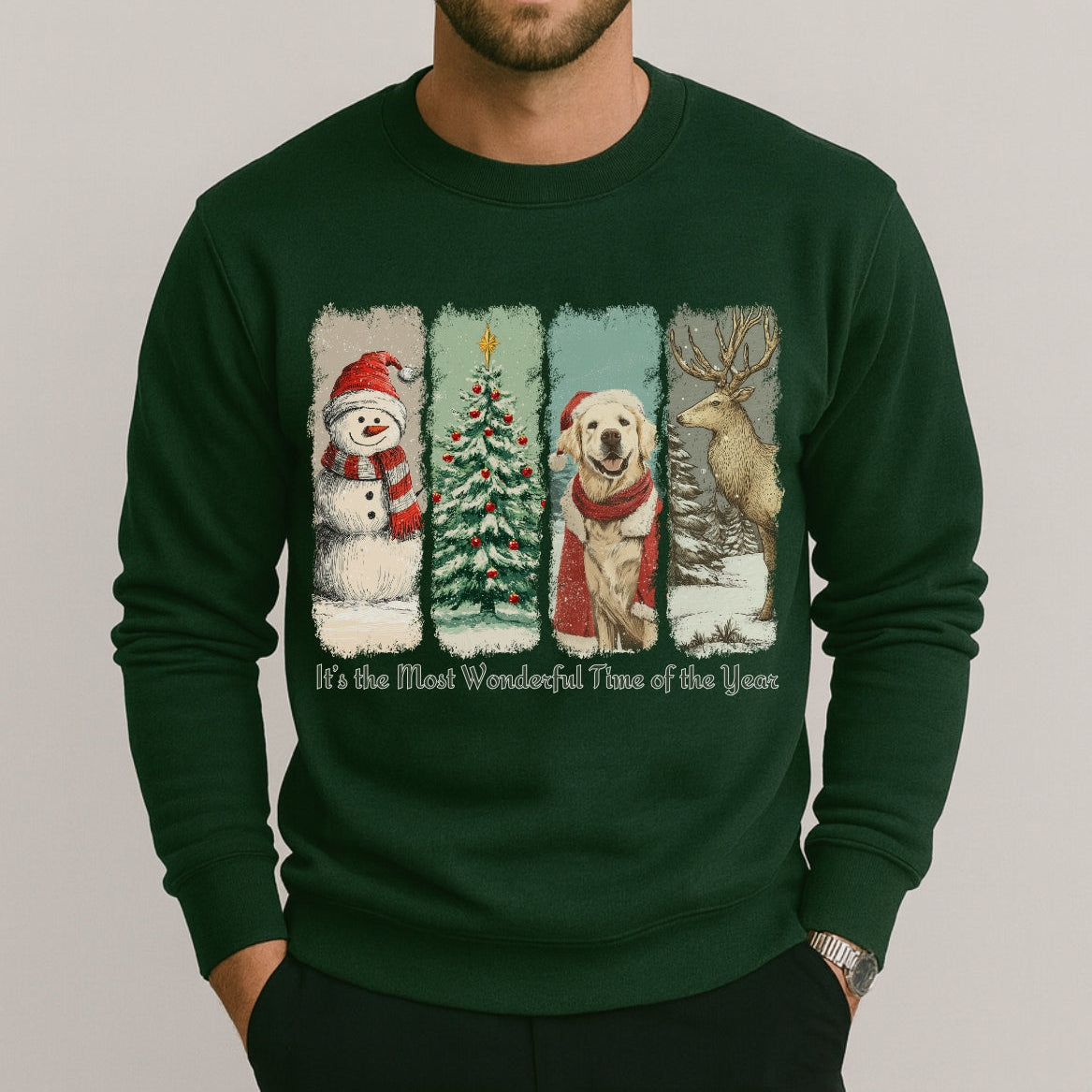Man wearing a green Christmas-themed sweater with festive illustrations on a plain background
