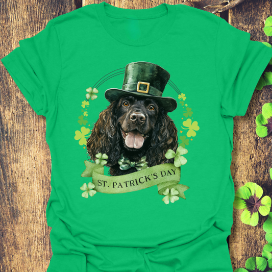 St. Patrick’s Day t-shirt featuring an Irish Water Spaniel with a shamrock garland and festive Irish design