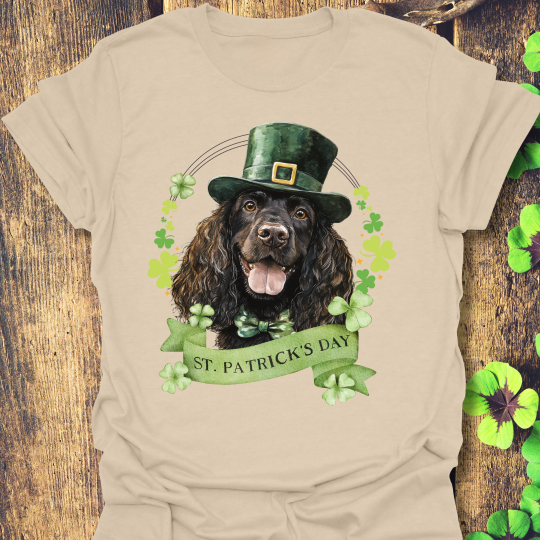 St. Patrick’s Day t-shirt featuring an Irish Water Spaniel with a shamrock garland and festive Irish design