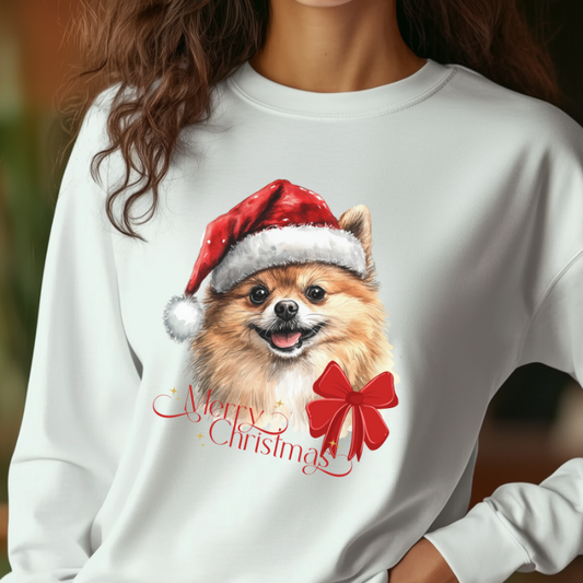 The Pomeranian Puppy in a Santa Hat Long-Sleeve Sweater – Christmas Gift for Dog Lovers