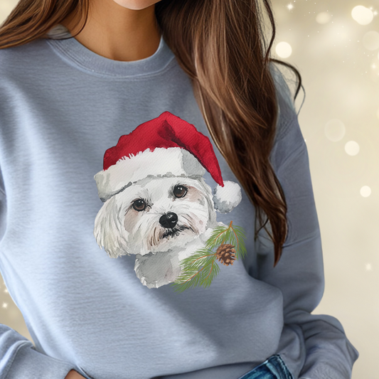 Maltese Portrait in a Santa Hat Long-Sleeve Sweater – Perfect Christmas Gift for Dog Lovers