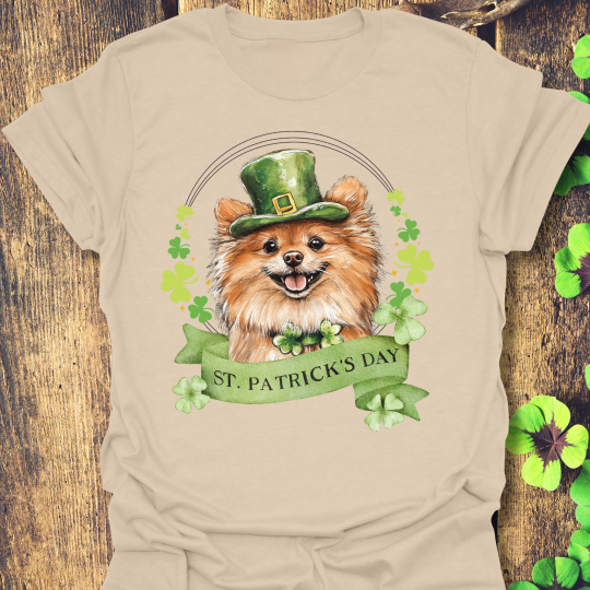 St. Patrick’s Day t-shirt featuring a Pomeranian dog with a shamrock garland and festive Irish design