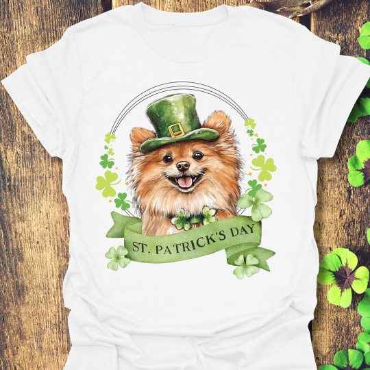 St. Patrick’s Day t-shirt featuring a Pomeranian dog with a shamrock garland and festive Irish design