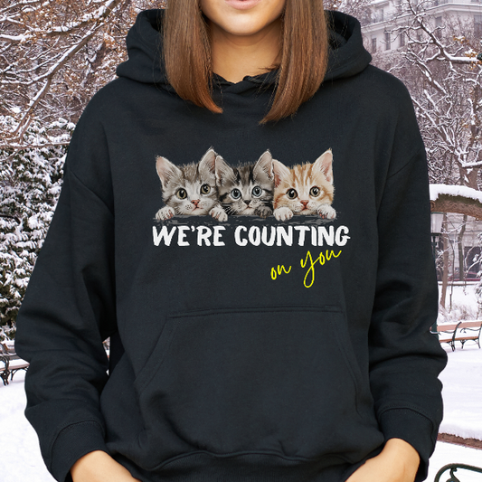 "We’re Counting on You" Kitten Hoodie – A Cozy Reminder to Help Street Cats in Need