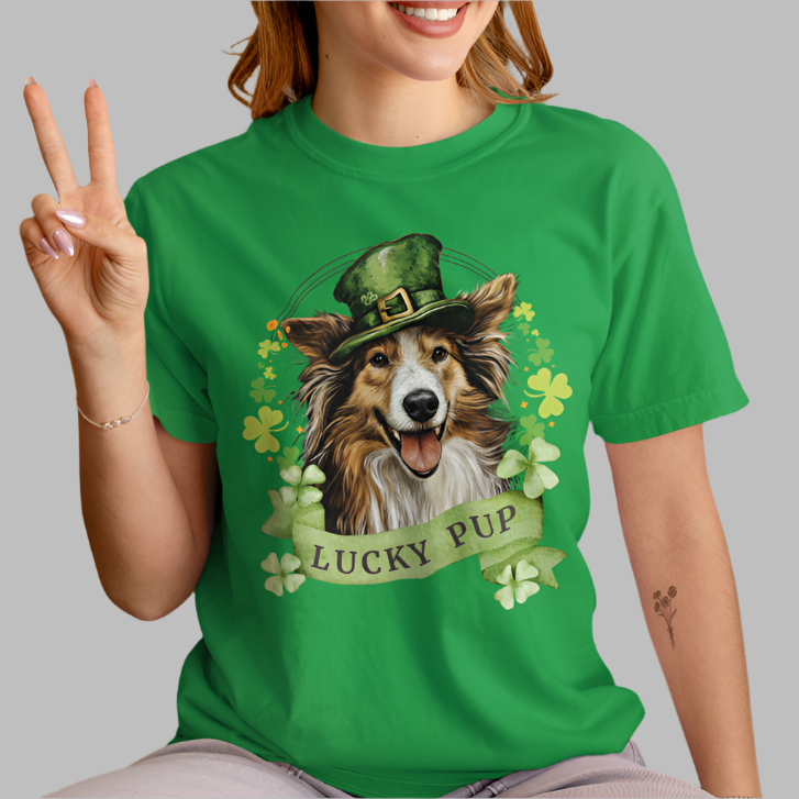 woman in irish green St. Patrick’s Day t-shirt featuring a Sheltie dog with a shamrock garland and festive Irish design