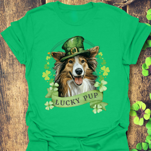 irish green St. Patrick’s Day t-shirt featuring a Shetland sheepdog dog with a shamrock garland and festive Irish design