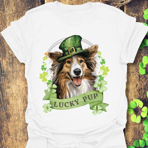 St. Patrick’s Day t-shirt featuring a Sheltie dog with a shamrock garland and festive Irish design