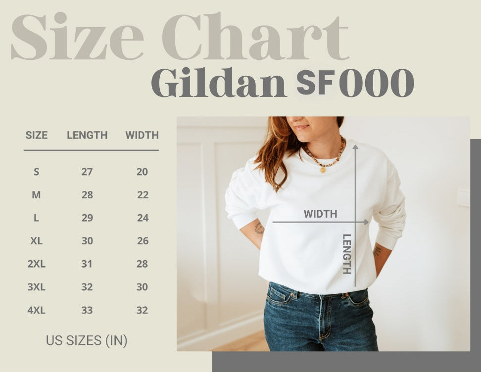 Gildan size chart for SF000 with a person wearing a white shirt and jeans.