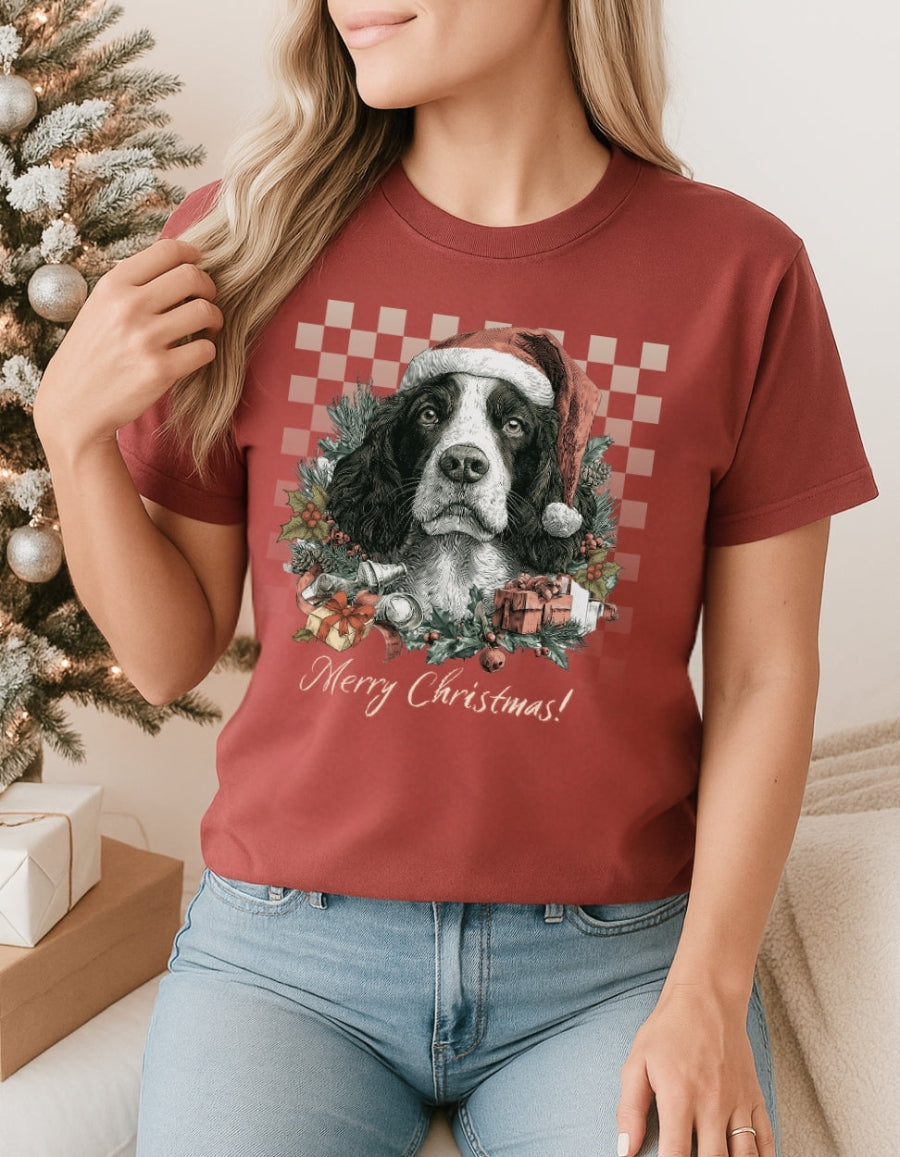 Springer Spaniel Vintage Checkered Christmas Tee
