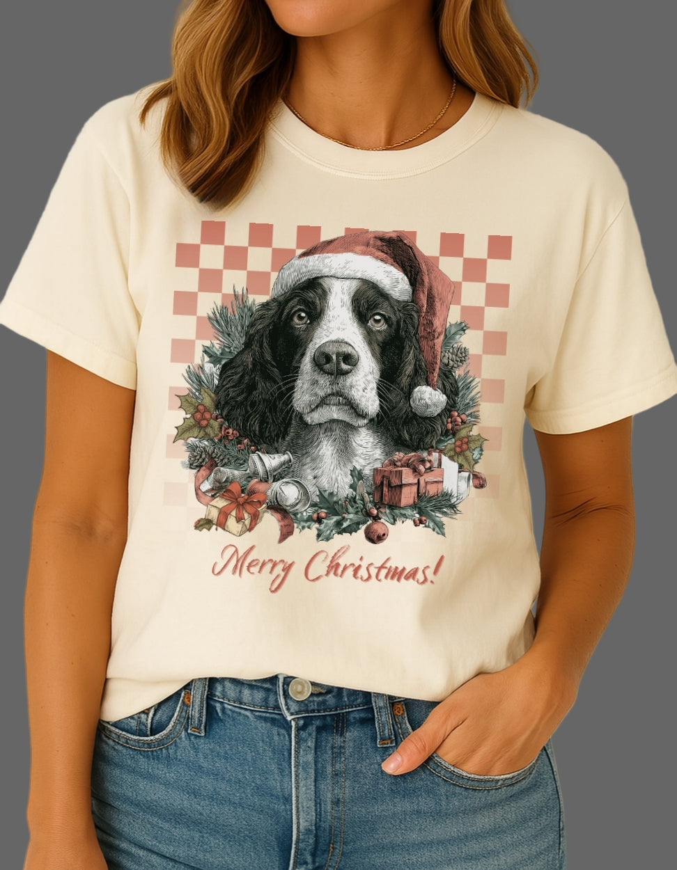 Springer Spaniel Vintage Checkered Christmas Tee
