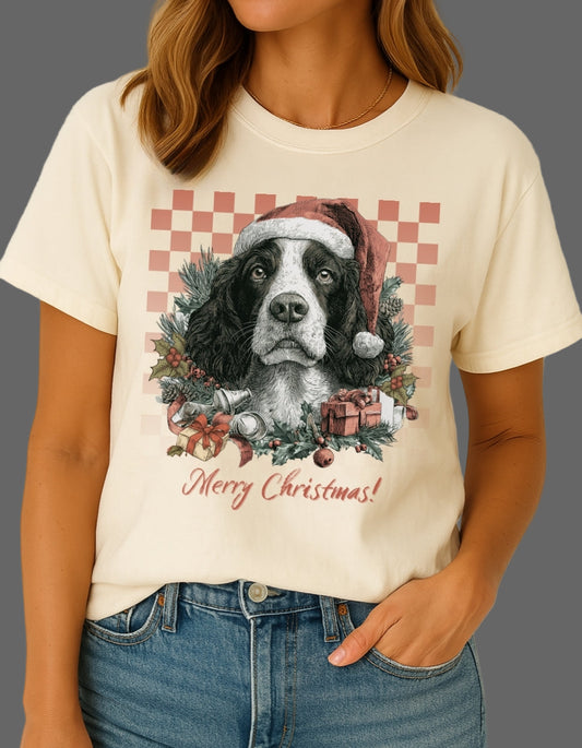Springer Spaniel Vintage Checkered Christmas Tee