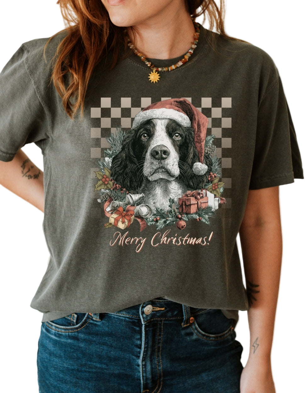 Springer Spaniel Vintage Checkered Christmas Tee