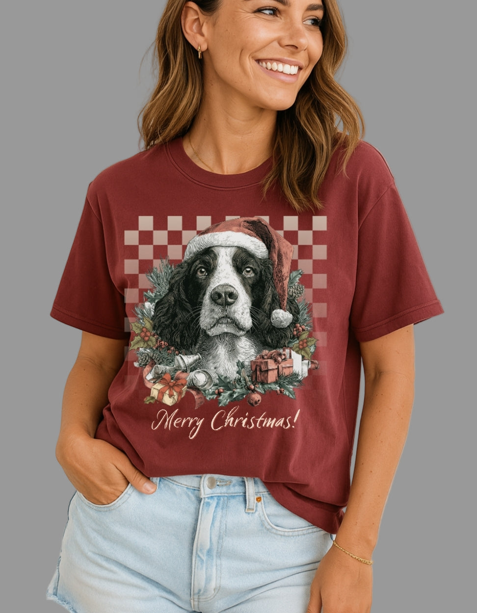 Springer Spaniel Vintage Checkered Christmas Tee