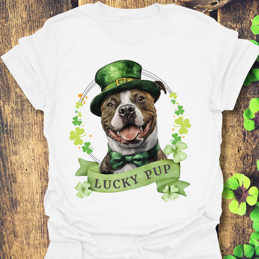 St. Patrick’s Day t-shirt featuring a stafforshire bull terrier with a shamrock garland and festive Irish design