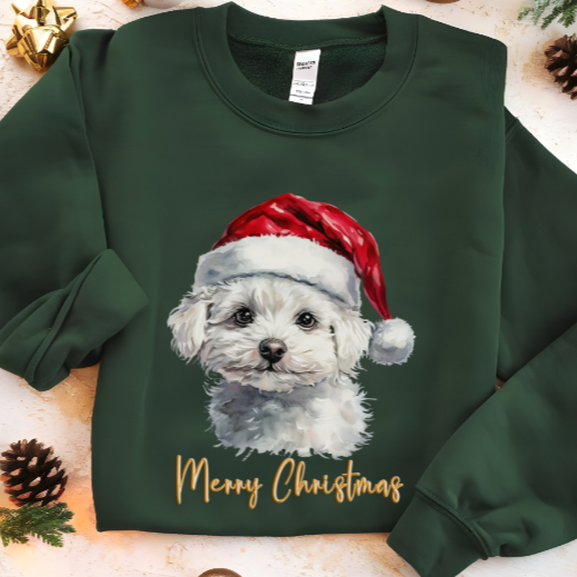 Bichon Frise in a Santa Hat Christmas Sweatshirt