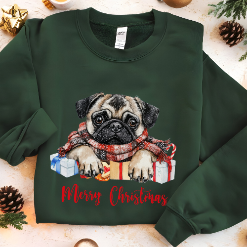 Pug in Festive Scarf Christmast Sweatshirt