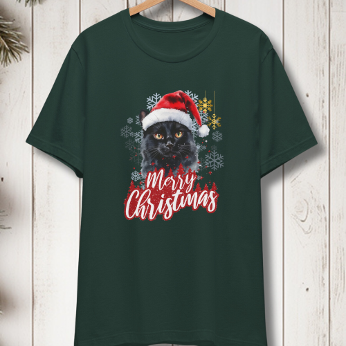 Black Fluffy Christmas Cat Unisex Holiday Jersey T-Shirt