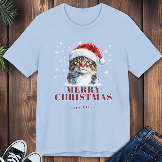 Cat in A Christmas Hat Unisex Holiday Jersey T-Shirt