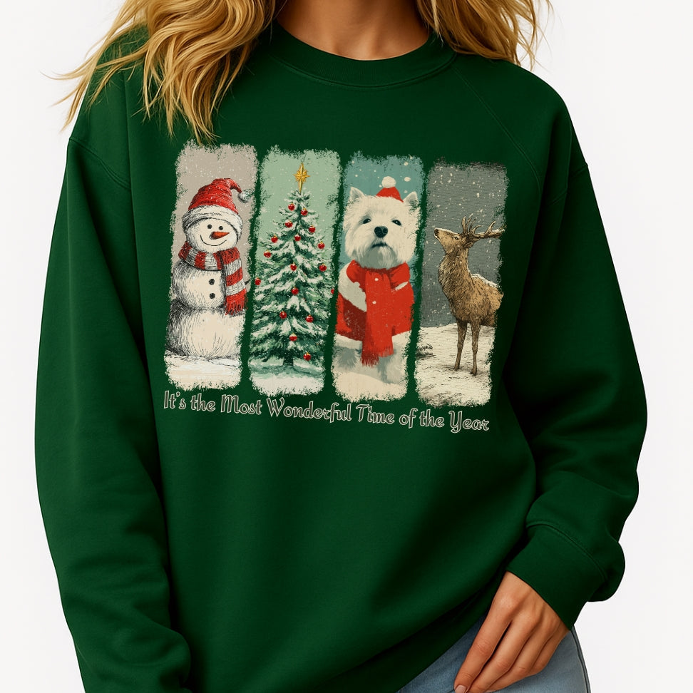 Green sweatshirt with Christmas-themed design featuring a snowman, tree, dog, and deer.