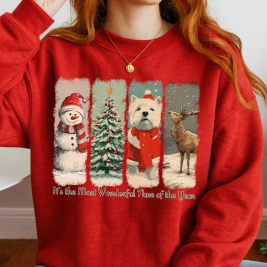 Person wearing a red Christmas-themed sweatshirt with festive graphics.