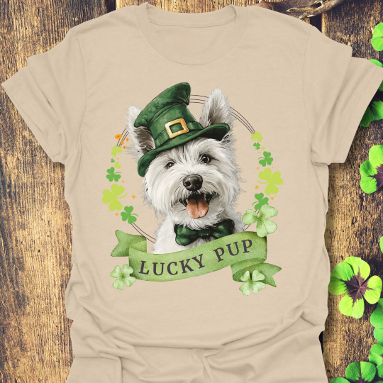 St. Patrick’s Day t-shirt featuring  west highland white terrier dog with a shamrock garland and festive Irish design