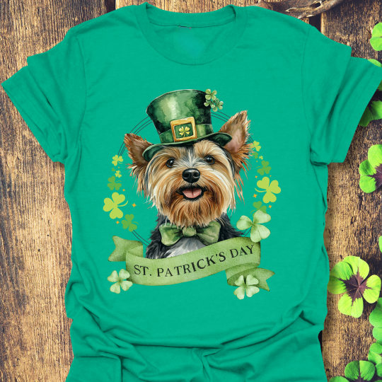St. Patrick’s Day t-shirt featuring a yorkshire terrier dog with a shamrock garland and festive Irish design
