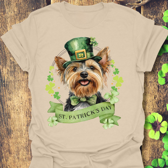 St. Patrick’s Day t-shirt featuring a yorkshire terrier dog with a shamrock garland and festive Irish design