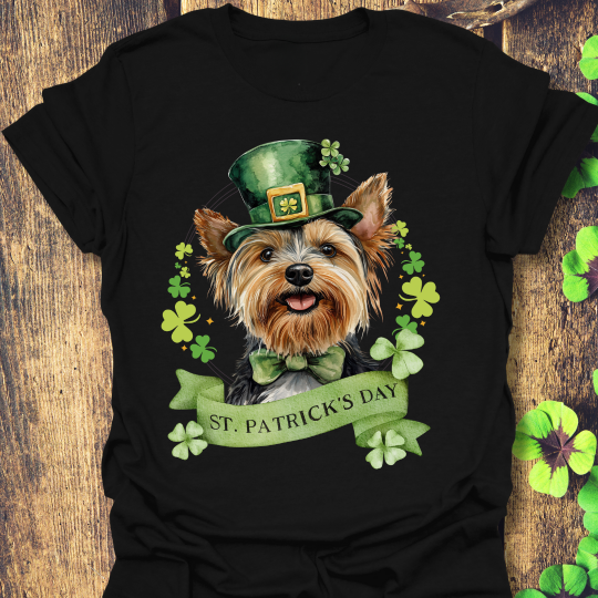 St. Patrick’s Day t-shirt featuring a yorkshire terrier dog with a shamrock garland and festive Irish design