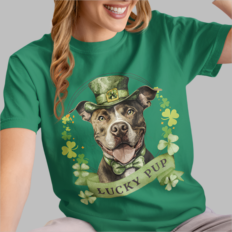 Person wearing a St. Patrick’s Day Pit Bull dog t-shirt with a lucky shamrock print, heather kelly green